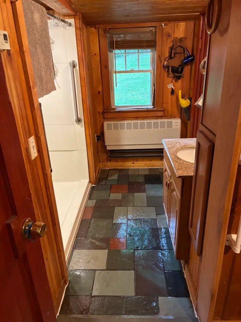 Slate Floor Refinishing and Toilet Replacement in Varysburg — floor stripping