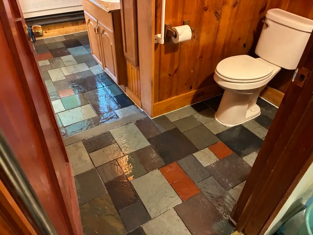 Slate Floor Refinishing and Toilet Replacement in Varysburg — floor stripping